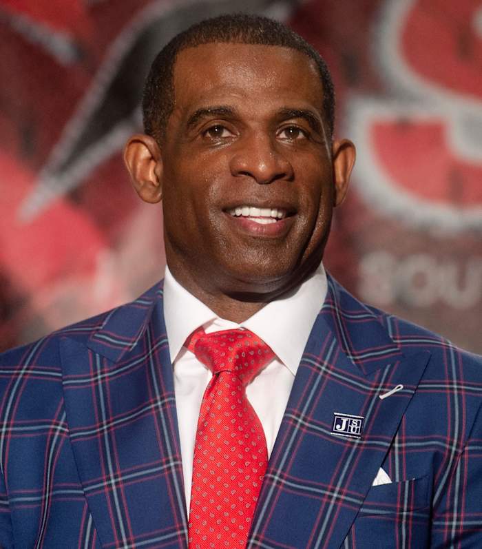 Jackson State University head football coach Deion Sanders smiles during a photo opportunity during the Southwestern Athletic Conference annual Football Media Day at the Sheraton-Birmingham Hotel in Birmingham, Ala., Tuesday, July 20, 2021. Swac Media Day2